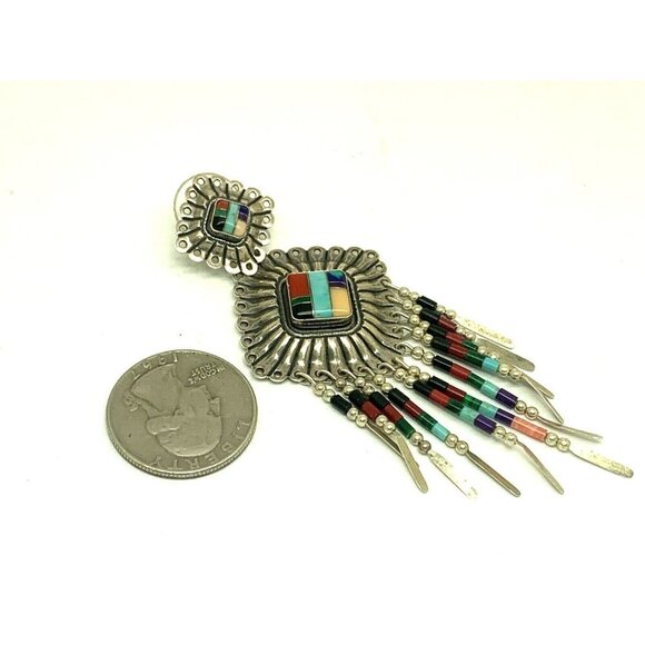 Dangle Earrings Native American Sterling Silver Gemstone Women's Estate Jewelry - Picture 11 of 12